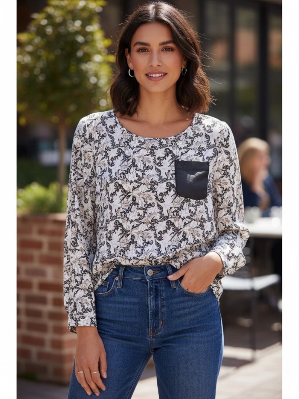 • Club Monaco • Silk Print Leather Pocket Blouse M
